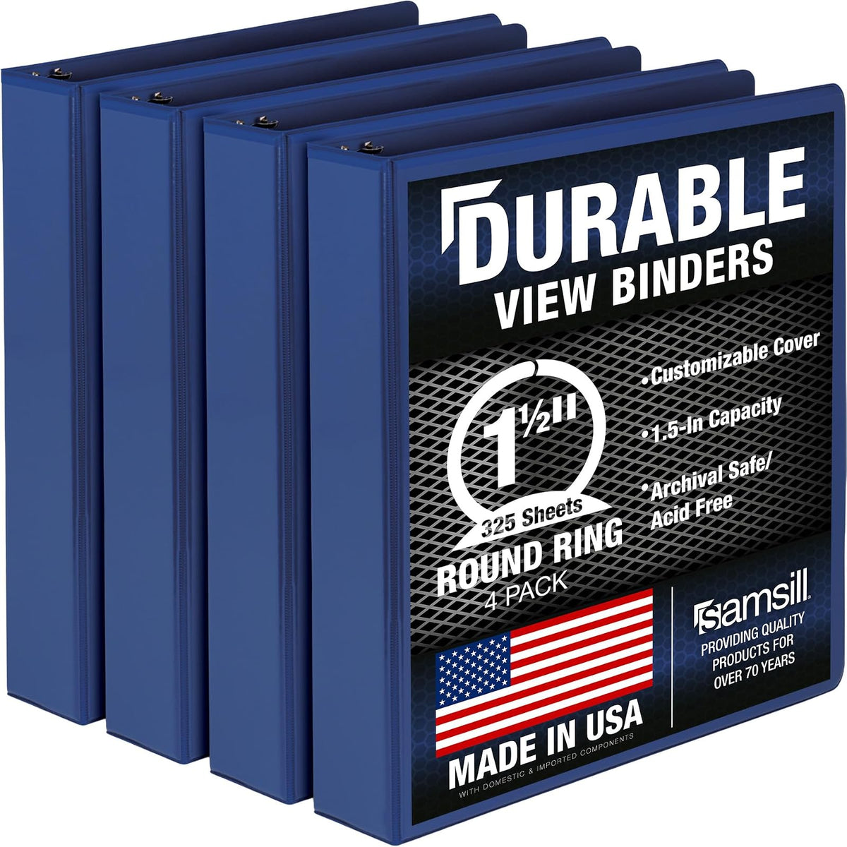 Samsill - Carpeta duradera de 1.5 pulgadas, fabricada en los Estados Unidos, carpeta de anillo redondo personalizable con visión transparente, azul, paquete de 4 (MP48452)
