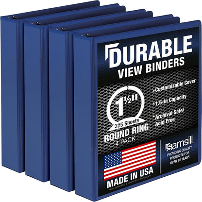 Samsill - Carpeta duradera de 1.5 pulgadas, fabricada en los Estados Unidos, carpeta de anillo redondo personalizable con visión transparente, azul, paquete de 4 (MP48452)