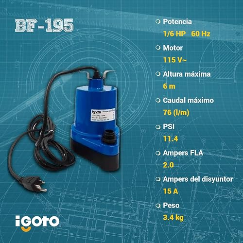 Igoto BF195 Bomba Sumergible para Fuentes de Agua 1/6 HP 124W Bomba para Estanque y Cascada IP68 Caudal Máx 76 L/min Altura Máx 6 m Motor 127V