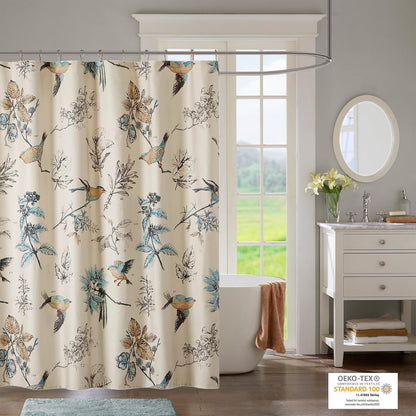 Madison Park - Cortina de ducha con estampado de pájaros y hojas, cortina de ducha para baño, decoración moderna de campo, lavable a máquina, cortina de ducha de algodón, membrillo, 72 x 72 pulgadas,