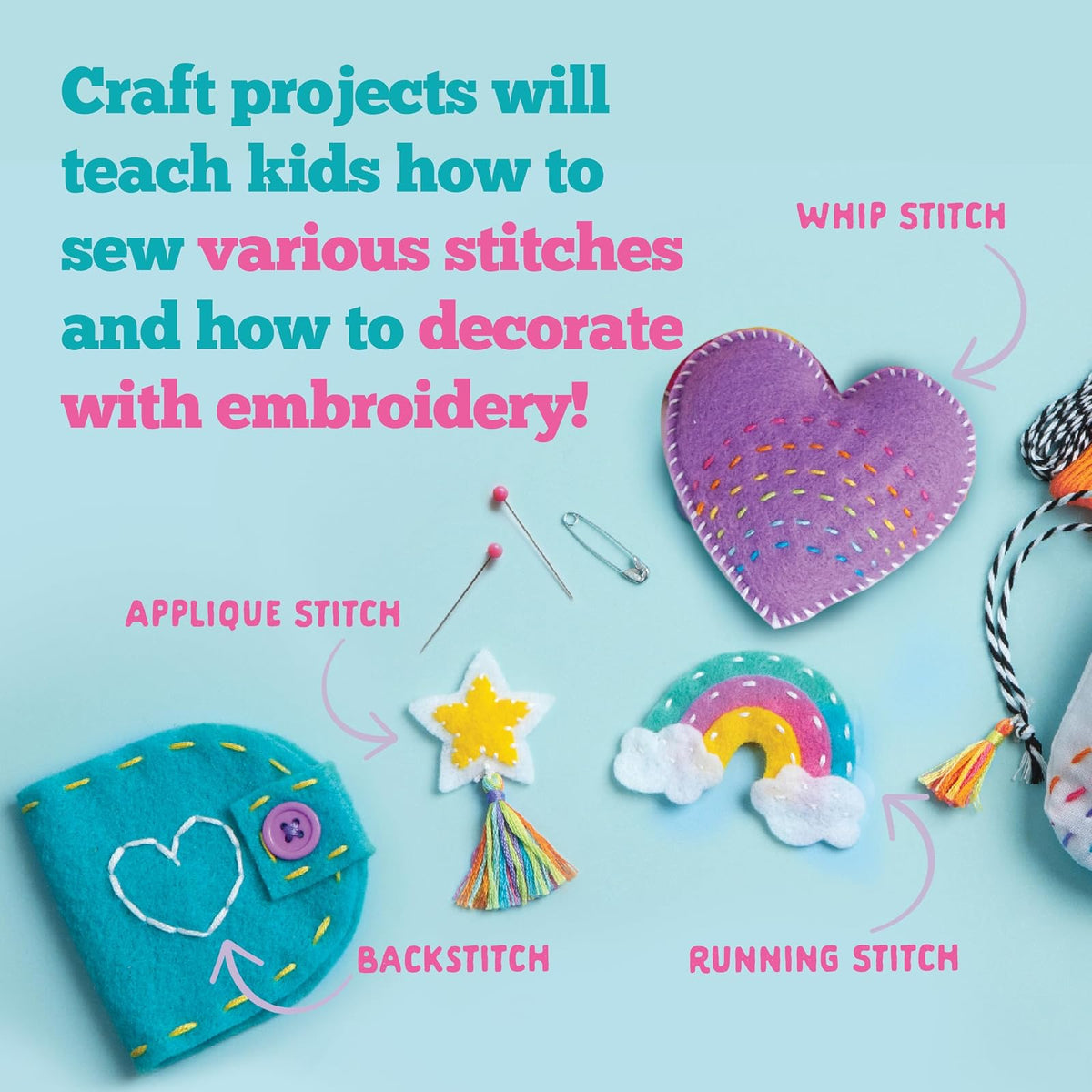 Craft-tastic Let's Learn to Sew – Mini kit de costura, artes y manualidades, suministros de arte, kit de bordado para principiantes, incluye suministros de costura, instrucciones fáciles de plegar,