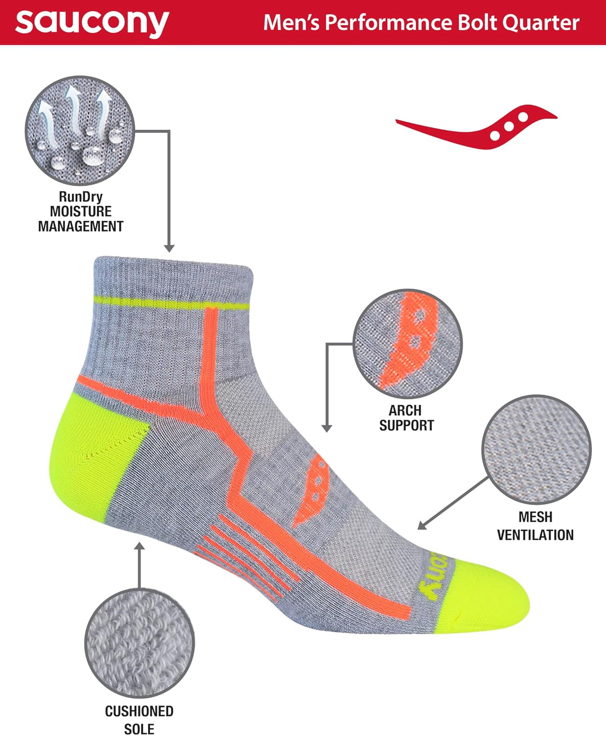 Saucony Rundry Bolt Performance Quarter Socks, Available in L-xl (6, 12 Pairs) Calcetines para correr Hombre