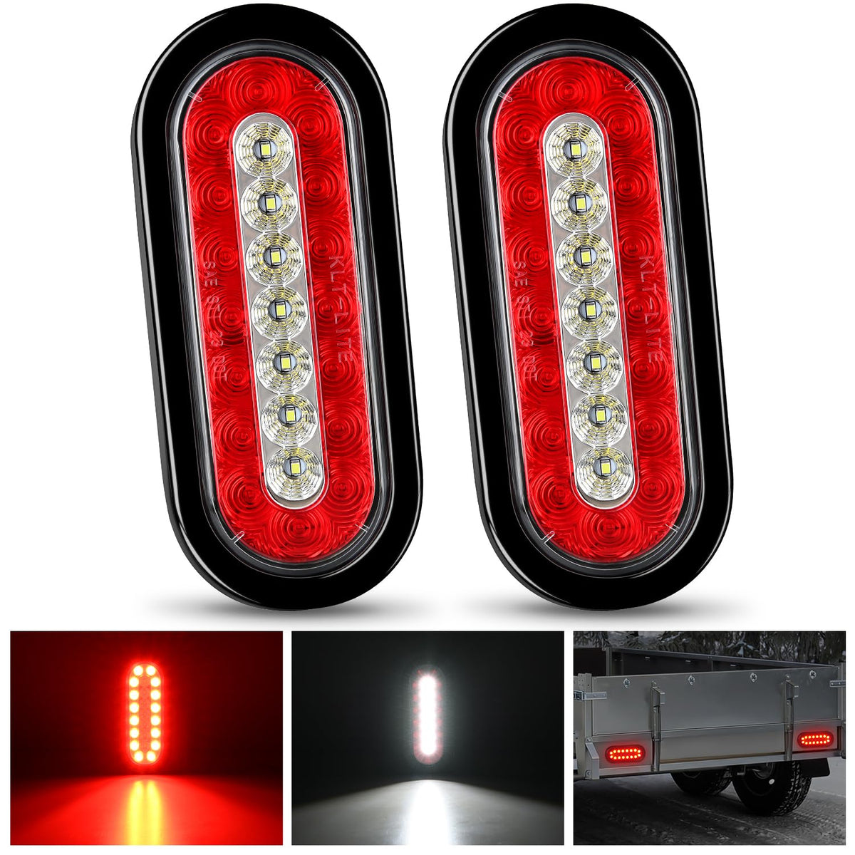 Nilight - 2 luces traseras LED ovaladas de 6 pulgadas, color rojo y blanco, 23 ledes con ojales de montaje en superficie empotrada, IP67, impermeable, parada de freno, marcha atrás, luz de respaldo