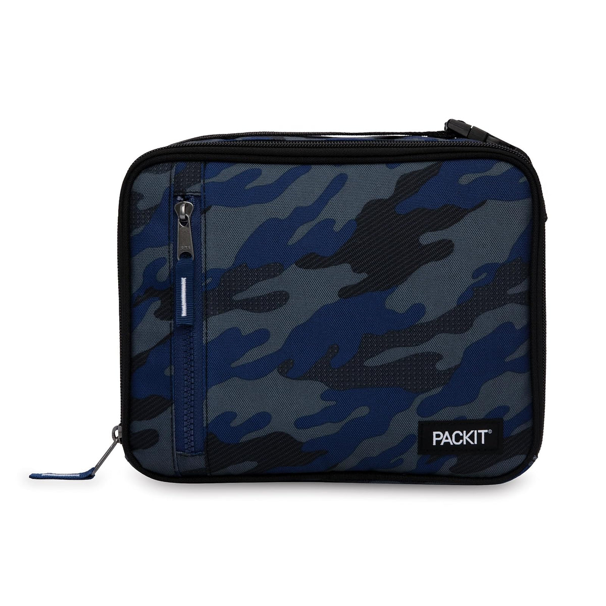 PackIt - Fiambrera Clásica Congelable, Camuflaje Deportivo Azul Marino, EcoFreeze Plegable, Reutilizable, Cierre con Bolsillo Frontal y Asa de Hebilla
