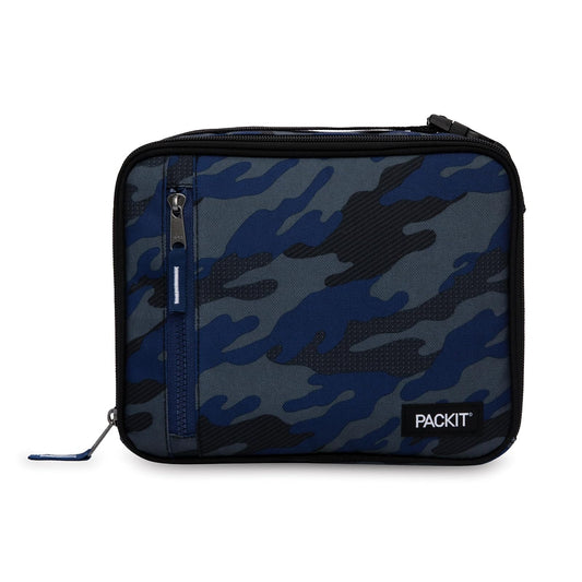 PackIt - Fiambrera Clásica Congelable, Camuflaje Deportivo Azul Marino, EcoFreeze Plegable, Reutilizable, Cierre con Bolsillo Frontal y Asa de Hebilla