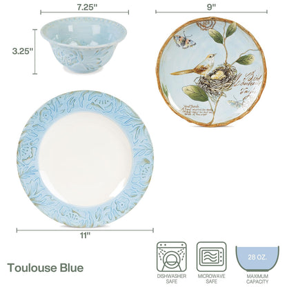 Fitz and Floyd Toulouse Blue - Juego de Vajilla de 12 Piezas, Servicio para 4