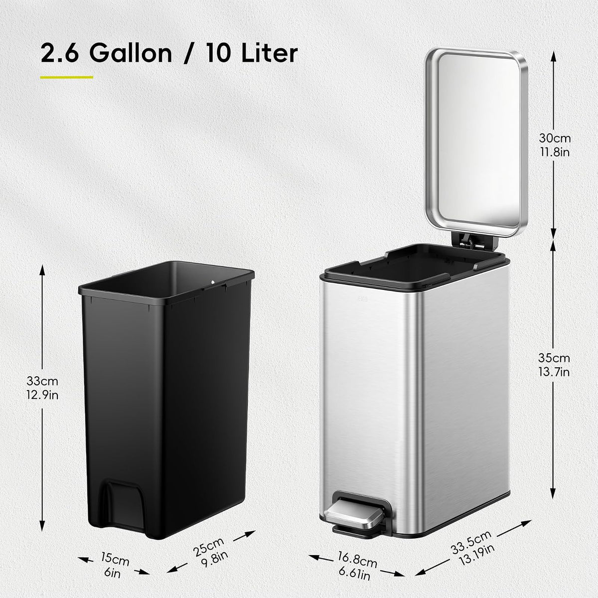 EKO Stella Slim Bote de Basura 10 L con Pedal, Acero Baño