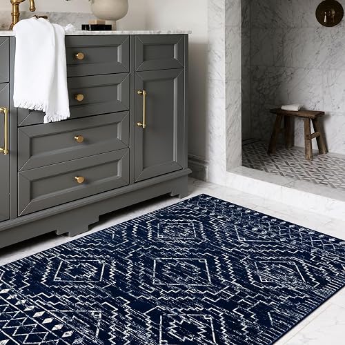 Wonnitar - Alfombra marroquí Lavable de 3 x 5 Pulgadas, Color Azul, Antideslizante, Suave, no desprende Pelusa, Alfombra geométrica de Pelo bajo, Alfombra escandinava, para Entrada, Cocina, sótano