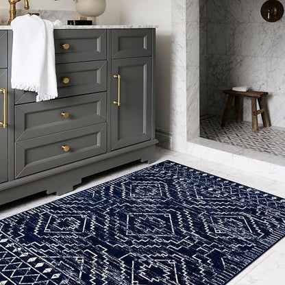 Wonnitar - Alfombra marroquí Lavable de 3 x 5 Pulgadas, Color Azul, Antideslizante, Suave, no desprende Pelusa, Alfombra geométrica de Pelo bajo, Alfombra escandinava, para Entrada, Cocina, sótano