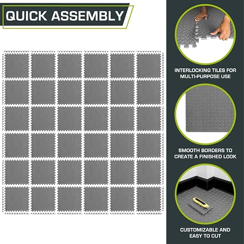ProsourceFit Exercise Puzzle Mat 1/2-inch, EVA Interlocking Foam Floor Tiles for Home Gym, Workout Equipment, Kids Play Areas, Gray, 144 SQ FT - 36 Tiles