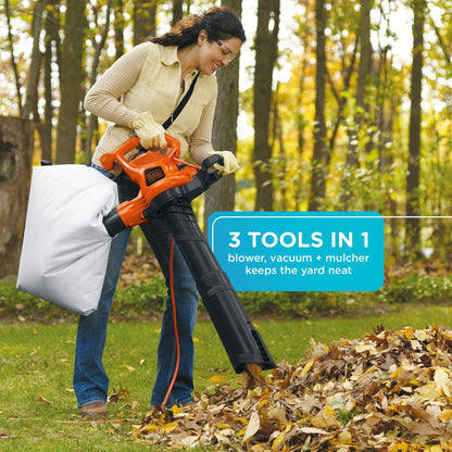 Black+Decker Soplador de Hojas y aspiradora de Hojas, 3 en 1, 12 amperios, 250 mph, 400 CFM (BV6000)