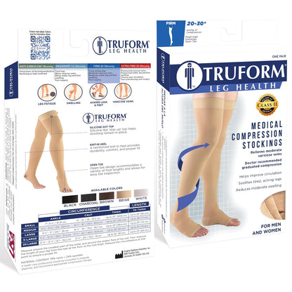 Truform 20-30 mmHg Compression Stockings For Men and Women, Thigh High Length, Dot-Top, Open Toe Black, Pack of 1