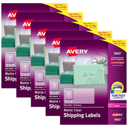Avery 5663 Etiquetas de dirección transparentes esmeriladas mate para impresoras láser, 2 x 4 pulgadas, 500 etiquetas, 5 paquetes