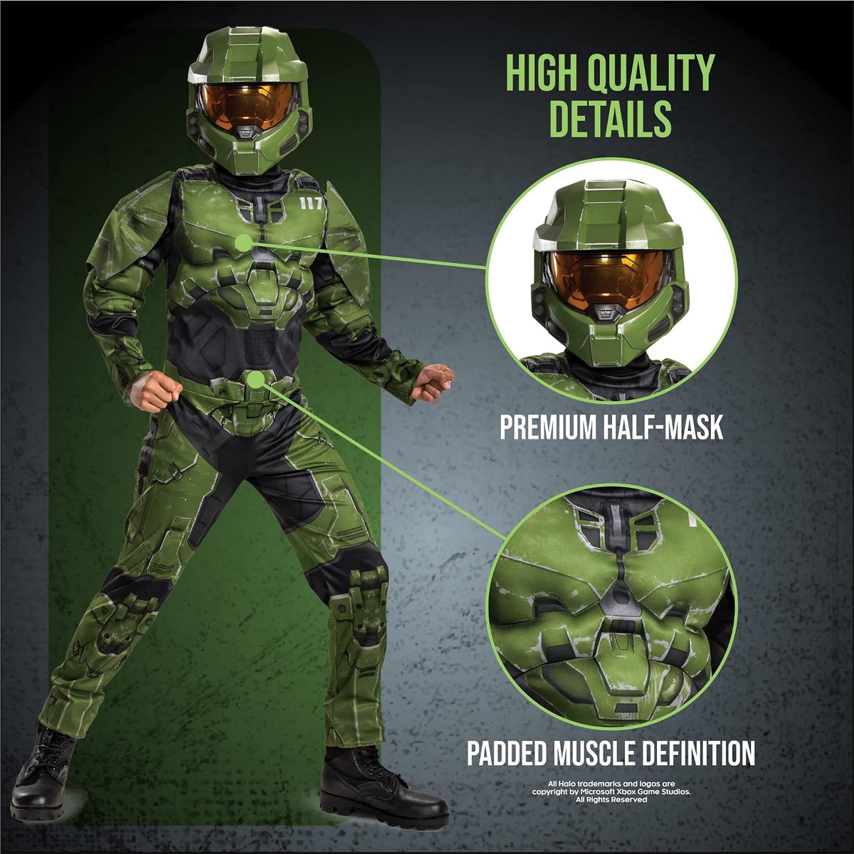 Halo Infinite Master Chief Costume, Kids Size Muscle Padded Video Game Inspired Character Jumpsuit, Child Size Medium (7-8)