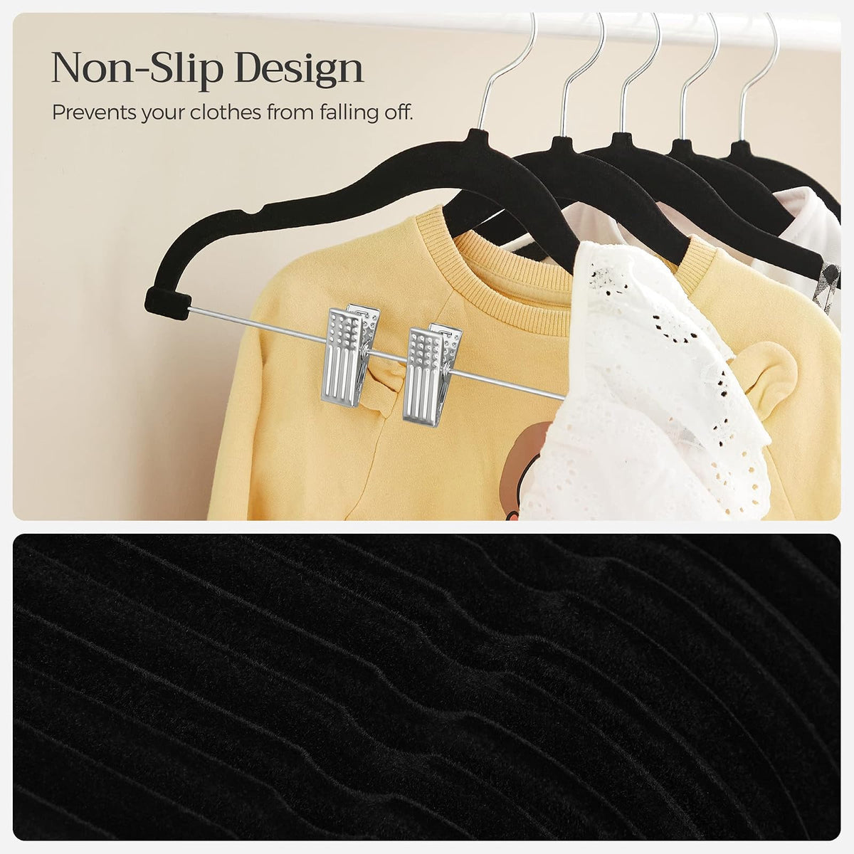 SONGMICS - Paquete de 30 Perchas para Pantalones de bebé con Clips, Perchas para niños con 6 divisores de Ropa, Colgador Antideslizante para niños, Color Negro UCRF013B30