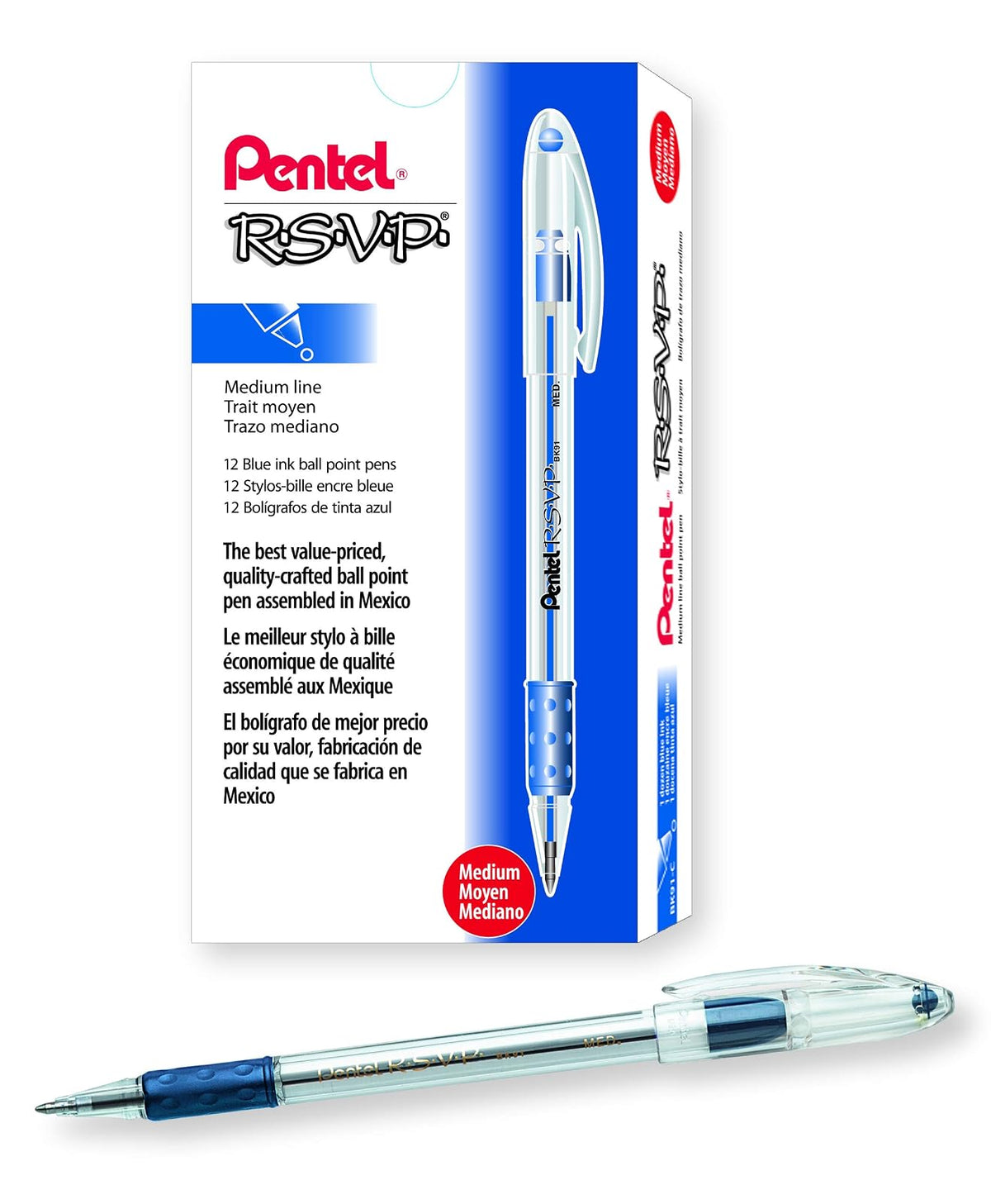 Pentel BK91C R.S.V.P. Bolígrafo 1 mm Azul | Caja de 12, barril transparente, tinta azul, punta acero inoxidable, recargable
