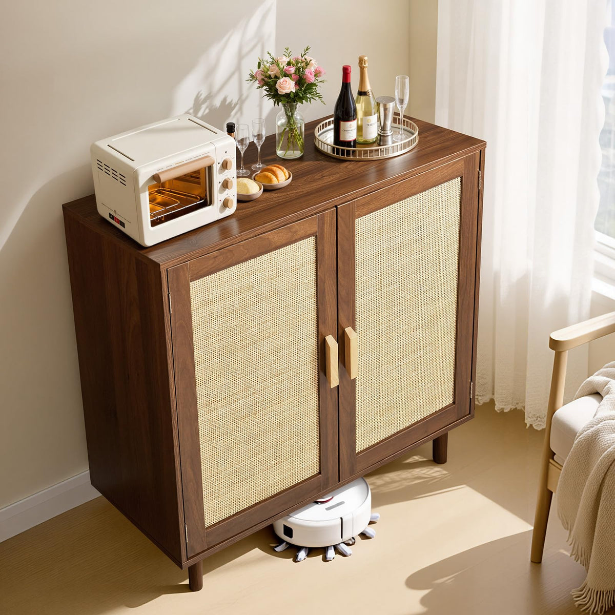 VEVOR Aparador de Ratán con 2 Puertas Magnéticas 80 x 36 x 88 cm, Armario Auxiliar de Ratán con Estante Ajustable y Patas Elevadas de 14,5 cm, para Pasillo, Entrada, Salón, Cocina, Dormitorio