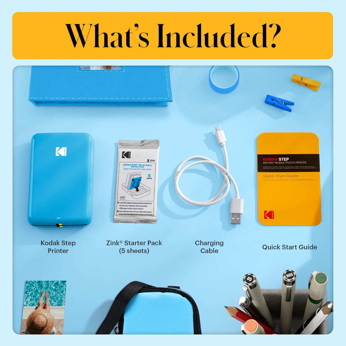 Kodak Step Instant Photo Printer with Bluetooth/NFC, Zink Technology & Kodak App for iOS & Android (Blue) Go Bundle