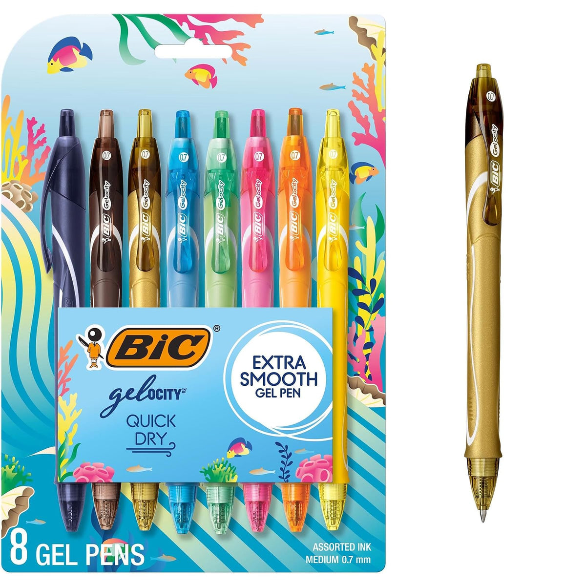 BIC Gelocity - Bolígrafos de gel de secado rápido con temática oceánica, punta media (0.7 mm), juego de 8 bolígrafos de gel de colores para tomar notas y escribir diarios