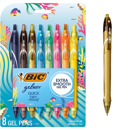 BIC Gelocity - Bolígrafos de gel de secado rápido con temática oceánica, punta media (0.7 mm), juego de 8 bolígrafos de gel de colores para tomar notas y escribir diarios
