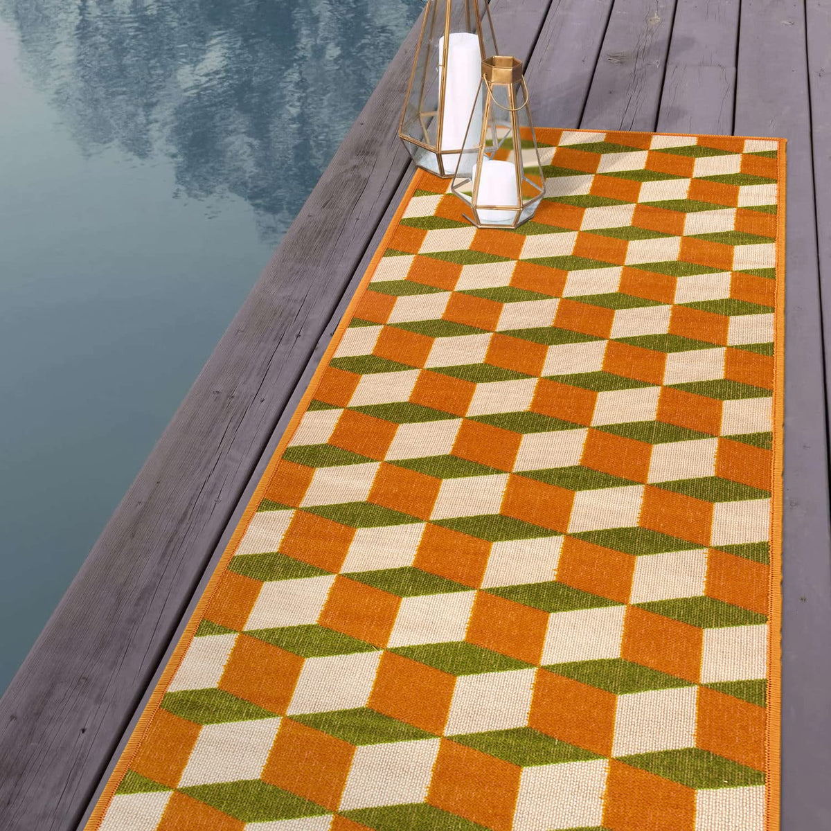 Rugshop Budelli - Alfombra geométrica contemporánea Que no desprende Pelusa, para terraza, Patio, Patio Trasero, Antideslizante, para Interiores y Exteriores, 2 x 7 pies, Color Naranja