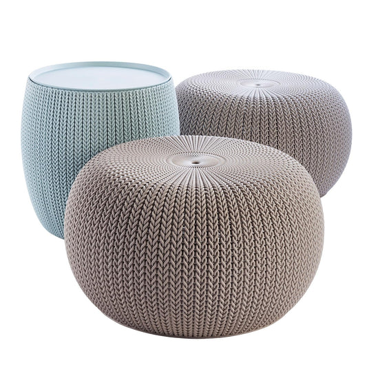 KETER Urban Knit - Juego de 2 puf otomano con Mesa de Almacenamiento para decoración de Patio y habitación, Perfecto para balcón, terraza y Asientos al Aire Libre