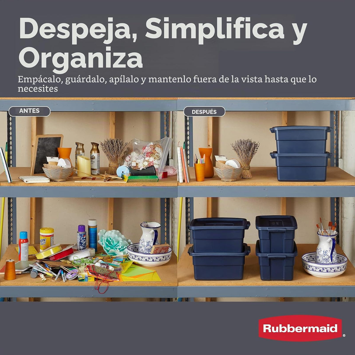 Rubbermaid Roughneck - Bolsa de 3 galones, paquete de 6, fabricado en Estados Unidos, metal índigo oscuro, contenedores de almacenamiento apilables de plástico resistente con tapas y asas