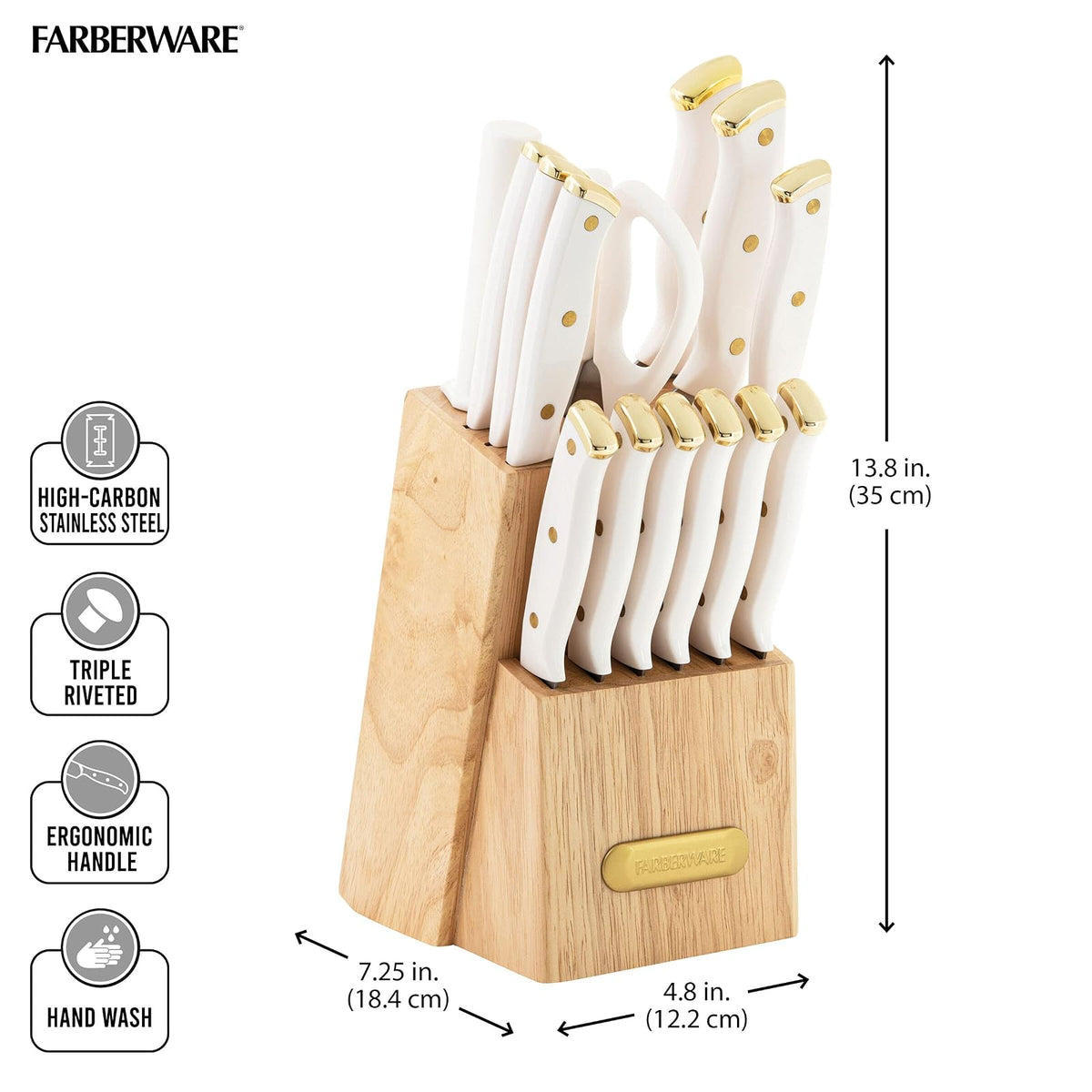 Farberware Juego de 15 cuchillos de triple remachado, cuchillos de cocina de acero inoxidable de alto carbono, juego de cuchillos afilados con bloque de madera, blanco y dorado