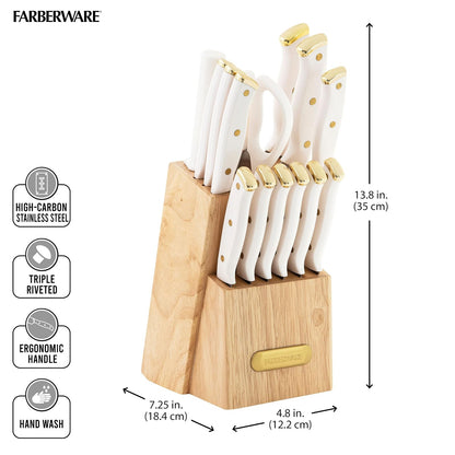 Farberware Juego de 15 cuchillos de triple remachado, cuchillos de cocina de acero inoxidable de alto carbono, juego de cuchillos afilados con bloque de madera, blanco y dorado