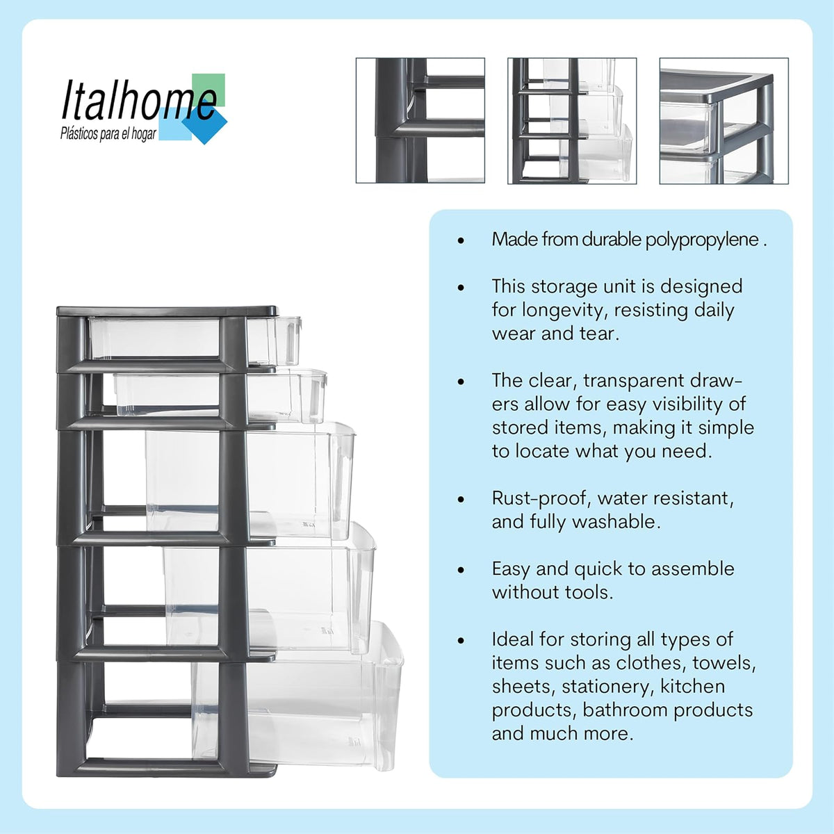 Italhome Cajonera FOX 5 de Plástico 5 Cajones Transparentes, Organizador Multiusos Desarmable para Hogar y Oficina, Mueble Resistente Fácil Armado, Color Gris