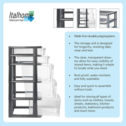 Italhome Cajonera FOX 5 de Plástico 5 Cajones Transparentes, Organizador Multiusos Desarmable para Hogar y Oficina, Mueble Resistente Fácil Armado, Color Gris