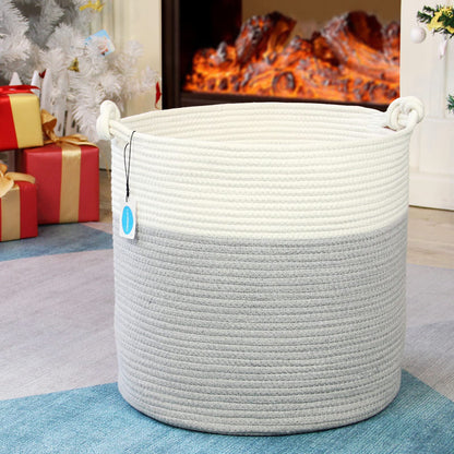 Casaphoria - Cesta de cuerda de algodón tejida con asa para recámara, cesta redonda de almacenamiento para baño, cesta de manta grande para sala de estar, cesta de lavandería alta tejida para