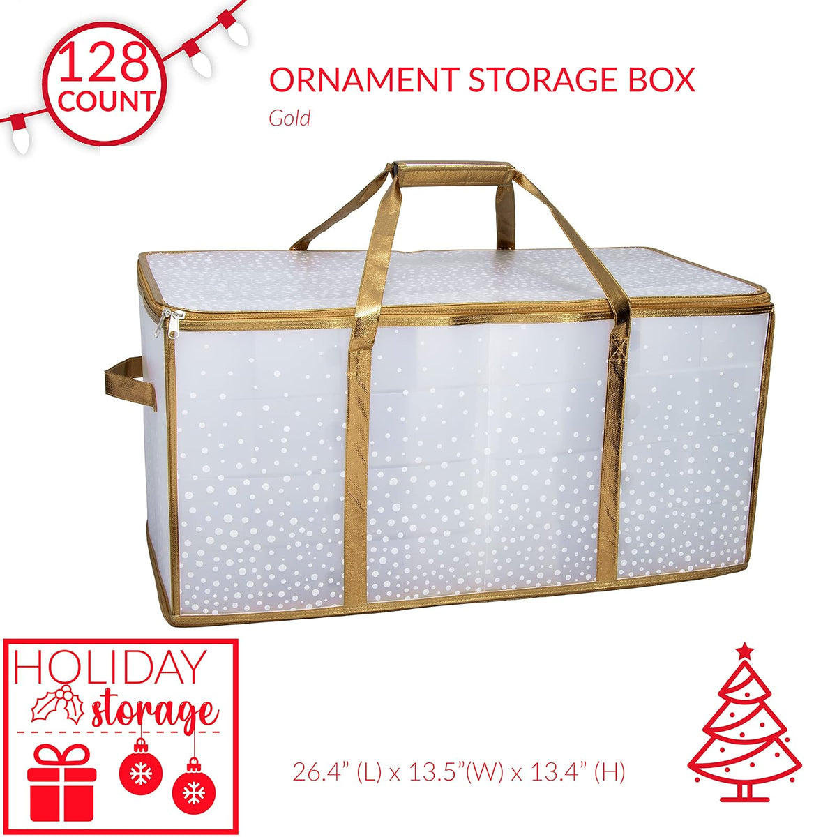 Simplify Organizador de 128 Unidades de Almacenamiento de Adornos de Navidad | Dimensiones: 26.5 x 13.5 Pulgadas, Dorado, Asas fáciles de Llevar, organización navideña, Cierre de Cierre, Capacidad