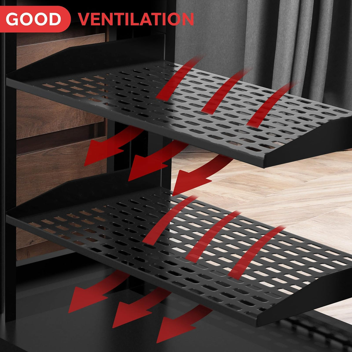 Pyle 4 Estantes para Rack de 19 Pulgadas, Bandejas de Metal Ventilados para Servidor, Montaje Universal en Gabinete o Pared, Soporta hasta 45 kg, Negro