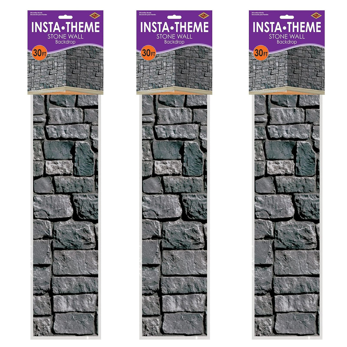 Beistle Telón de Fondo de Pared de Piedra, Paquete de 3 – Extragrande 4' x 30' Decoraciones de Pared Medieval de Plástico para Fiestas de Halloween, Eventos Temáticos de Castillo, Casas Embrujadas