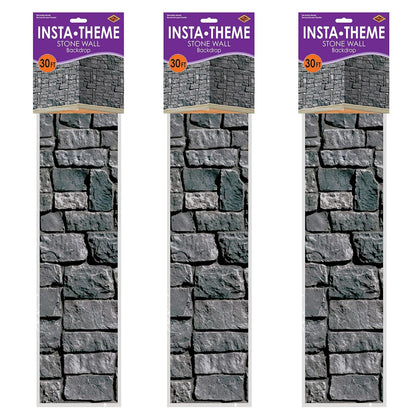 Beistle Telón de Fondo de Pared de Piedra, Paquete de 3 – Extragrande 4' x 30' Decoraciones de Pared Medieval de Plástico para Fiestas de Halloween, Eventos Temáticos de Castillo, Casas Embrujadas