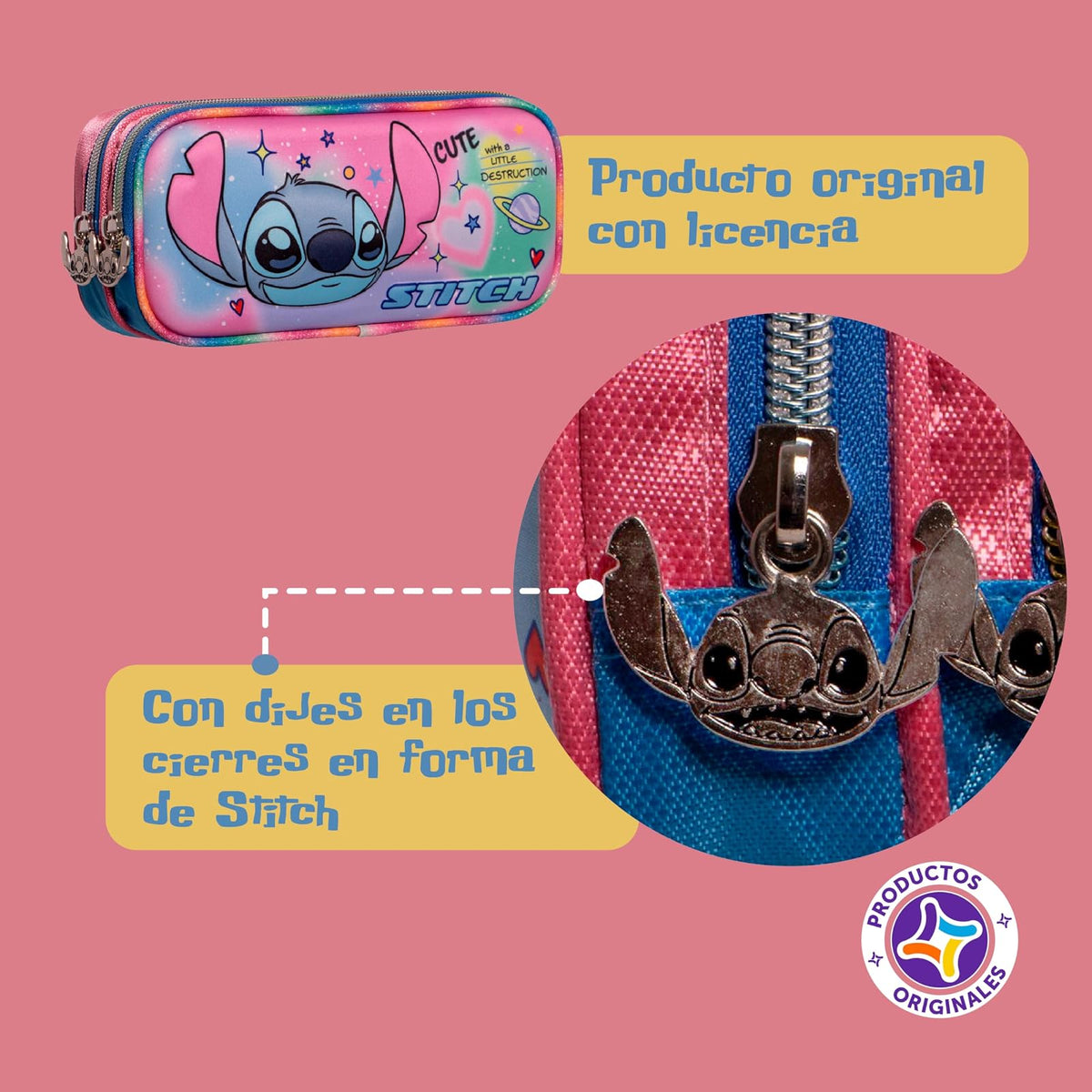 Ruz Lapicera Doble Infantil y Preescolar | Stitch | 100% Poliéster Edición Premium | Portalápices de Tela para Niños con 2 Divisiones y Cierre de Cremallera | Recomendado desde 3 años