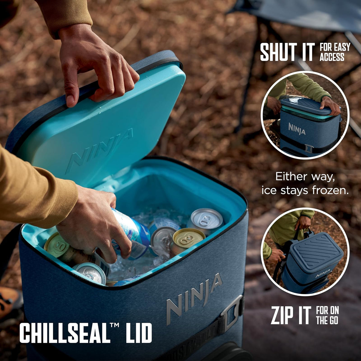 Ninja FrostVault Go - Enfriador Suave para latas de 24/36, a Prueba de Fugas, Soporte Integrado para Tazas, 2 Paquetes de Hielo y cajón de Almacenamiento en seco, Aislamiento de poliéster, Senderismo