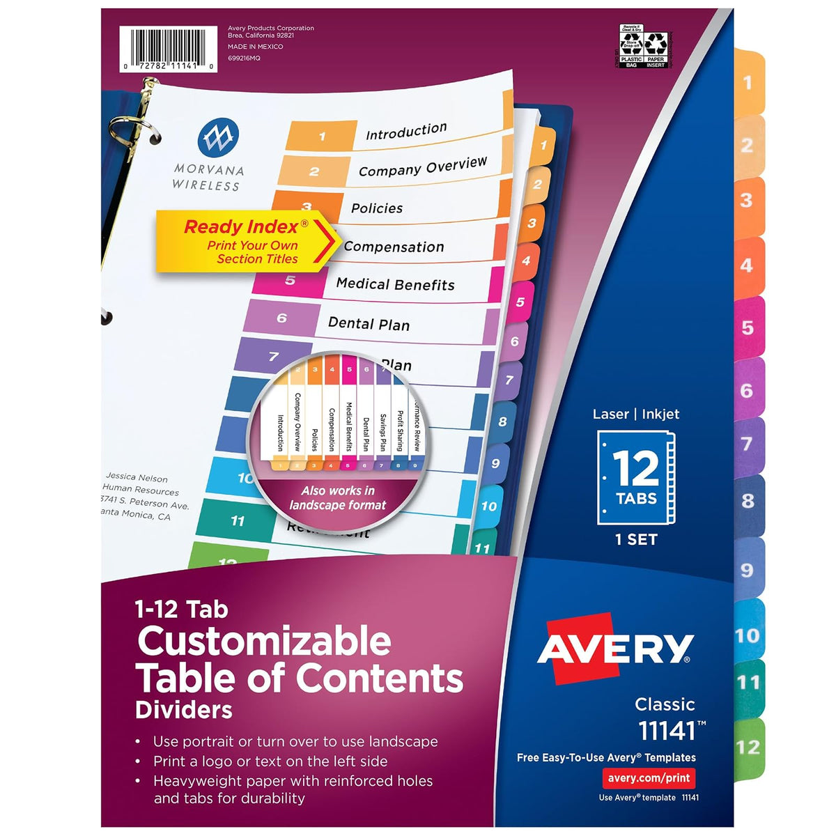 Avery Ready Index Separadores con tabla de contenido, 12 pestañas, multicolor - 12 tabs - 1 juego