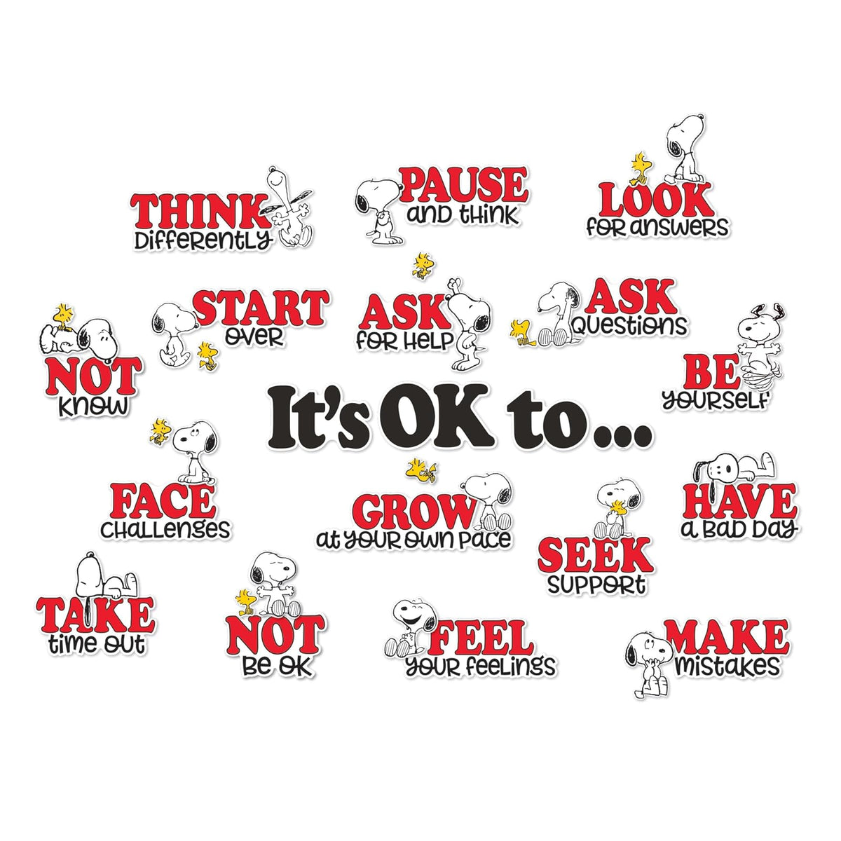 Eureka Peanuts Snoopy It's Ok to... Juego de tablones de anuncios para profesores, 42 piezas - Peanuts Snoopy