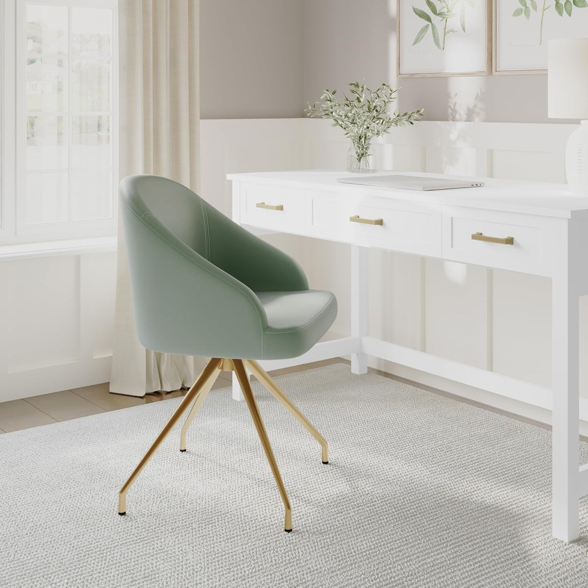 Martha Stewart Sora - Silla de Trabajo giratoria con Brazos Inclinados para Oficina en casa en Piel sintética Salvia con Marco de latón Pulido