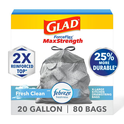 Glad Large Kitchen Drawstring Trash Bags - ForceFlex Kitchen Pro 20 Gallon Black Trash Bag, Febreze Fresh Clean - 80 Count