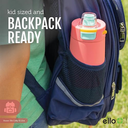 Ello Kids Colby Botella de agua aislada de acero inoxidable de 12 onzas con popote y posavasos de silicona integrados, asa de transporte y tapa de bloqueo a prueba de fugas para mochila escolar,