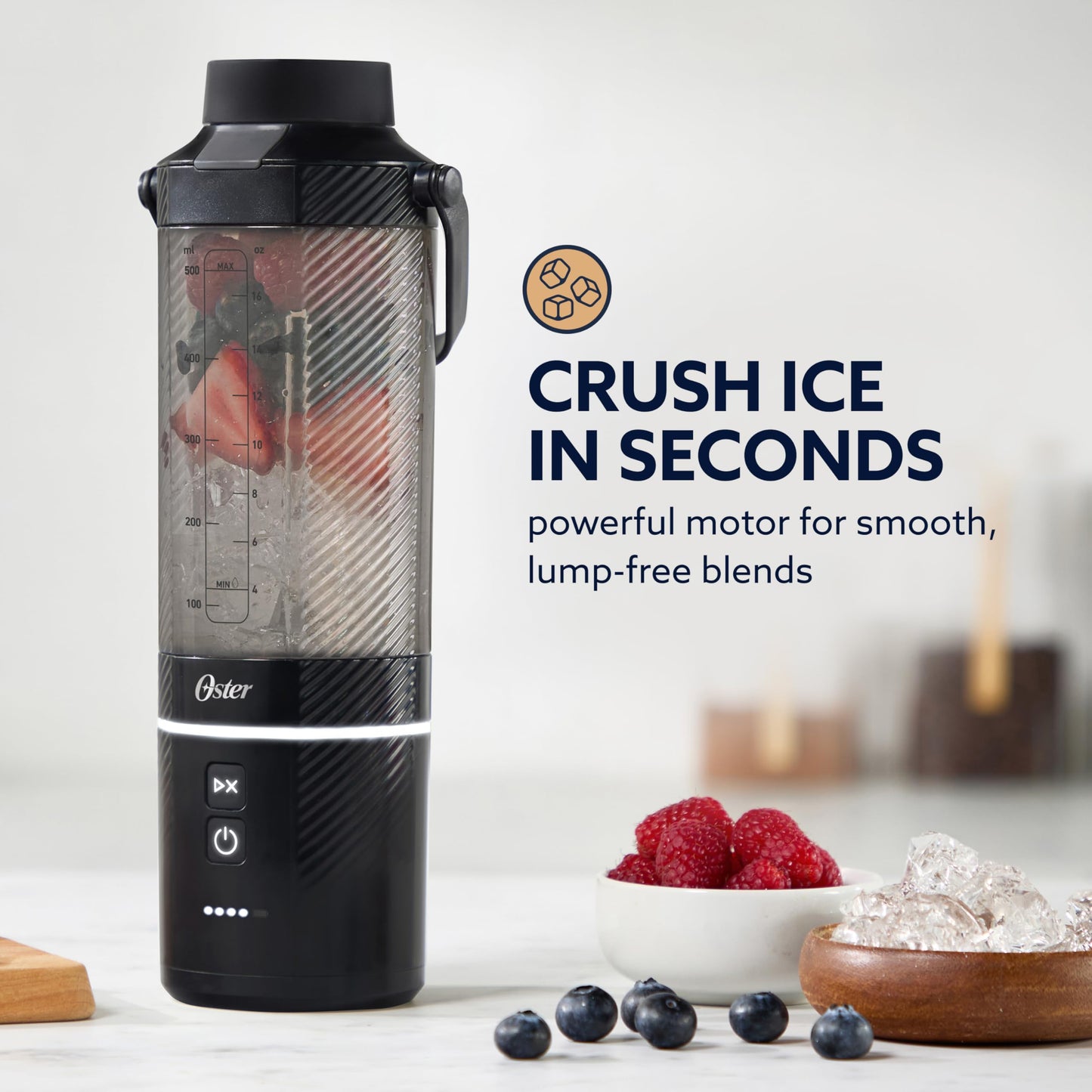 Oster Licuadora Portátil, GoMAX, Recargable USB-C, Personal, Vaso Antiderrames, para Smoothies, Batidos de Proteína, Hielo, Gimnasio, Desayuno Saludable, Negro, BLSTGFP-B20-000