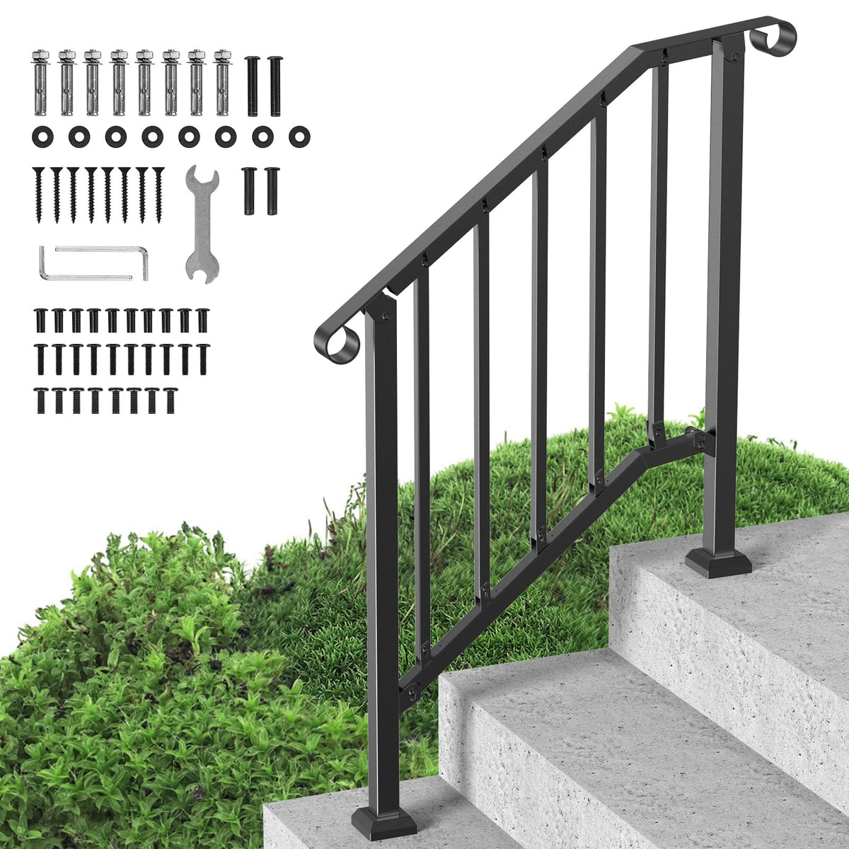 VEVOR Pasamanos para Escaleras 2-3 Escalones Barandillas de Acero al Carbono de Transición con Kit de Instalación Barandillas para Escalones de Hormigón, Porches, Terrazas, Arco Retro, Negro - 2 pasos - Negro
