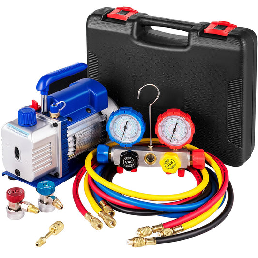VEVOR Bomba de vacío 4.8CFM 1/3 HP Kit de refrigeración HVAC A/C de una sola etapa 5PA Ultimate Juego de manómetros de vacío R410A R134A R22 HVAC AC, manómetro de colector de 4 vías y manguera