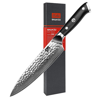 SHAN ZU Cuchillo de Cocina de Acero Damasco 67 Capas, Mango G10 - Cuchillo de chef martillado