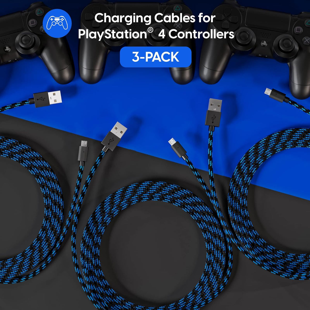 TalkWorks Cable de Carga Micro USB PlayStation 4 | 6 pies, negro, paquete de 3, carga rápida, cubierta trenzada