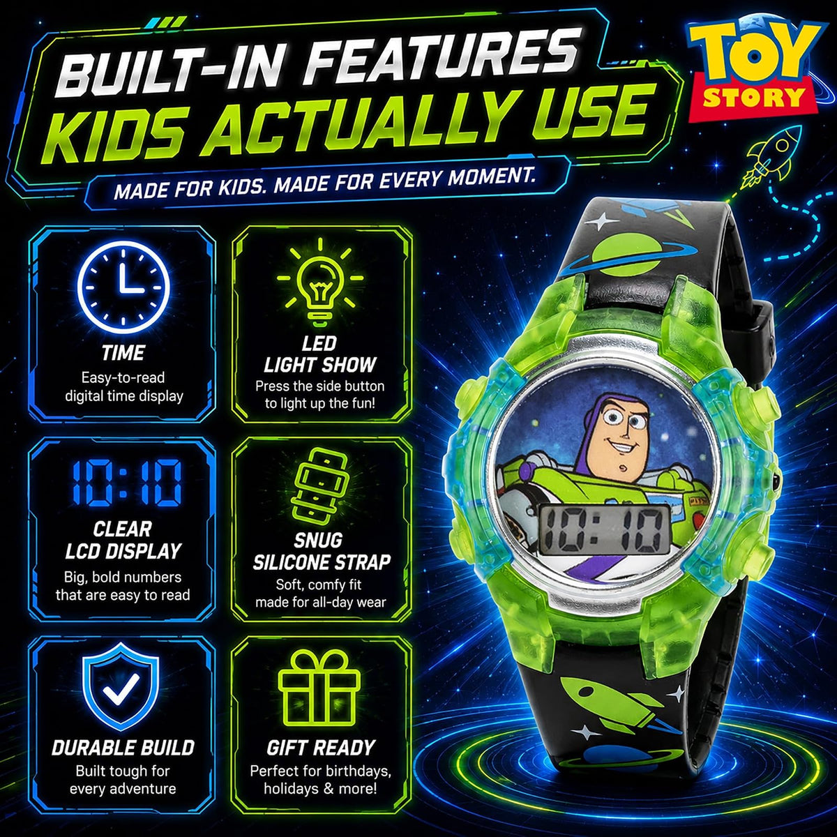 Disney Pixar Toy Story 4 Buzz Lightyear - Reloj LCD intermitente para niños con esfera colorida iluminada, funda duradera, correa con temática espacial, perfecto para niños y niñas a partir de 4 años,