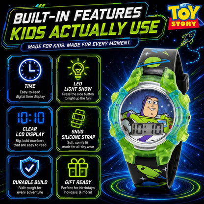 Disney Pixar Toy Story 4 Buzz Lightyear - Reloj LCD intermitente para niños con esfera colorida iluminada, funda duradera, correa con temática espacial, perfecto para niños y niñas a partir de 4 años,